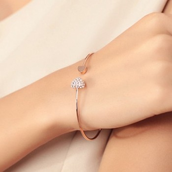 Adjustable Crystal Double Heart Bow Bilezik Cuff Opening Bracelet Women Jewelry Gold Silver
